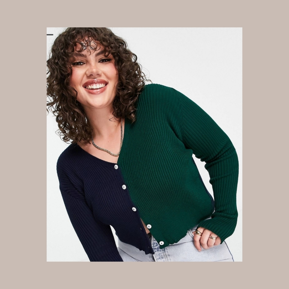 Daisy street 90s color block knit cardigan navy and green